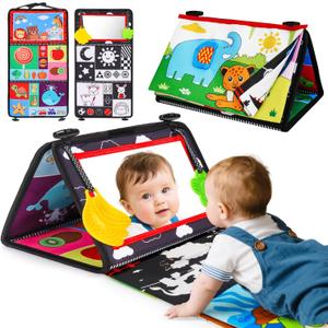 Baby Mirror Tummy Time Toys 0-6 Months with Crinkle Cloth Books Infant High Contrast Newborn Sensory Black and White Toy for 0-3 4 5 6 Months Must Haves Babies 3-6 6-12 Month Boy Girl Shower Gifts