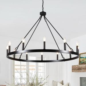 12-Light Black Wagon Wheel Chandelier for Dining Room,Farmhouse Chandeliers for Outdoor,Rustic Industrial High Ceilings Round Light Fixtures for Living Room Entryway Foyer Kitchen Island,38",E12