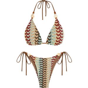 ZAFUL Thong Bikini Sets for Women 2 Piece Sexy Bathing Suit Striped Triangle Bikini High Cut Cheeky Retro Swimsuit Beads Halter String Bikini Top with Low Rise Self Tie Swimsuit Bottom Coffee L