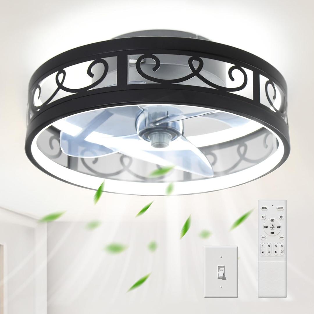 Ceiling Fans with Lights and Remote,19.7inch Fan Lights Ceiling fixtures,6 Speed Dimmable LED Black Caged Ceiling Fan with Light, Low Profile Ceiling Fan for Bedroom Living Room Dining Room