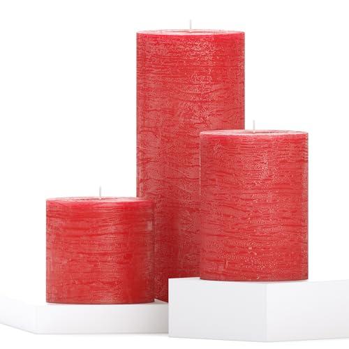 CANDWAX Assorted Red Pillar Candles Set of 3-3x3, 3x4, 3x8 Inch Unscented Dripless Red Pillars - Perfect for Home Decor, Dinner Table Centerpieces, Christmas Decorations - Christmas Pillar Candles