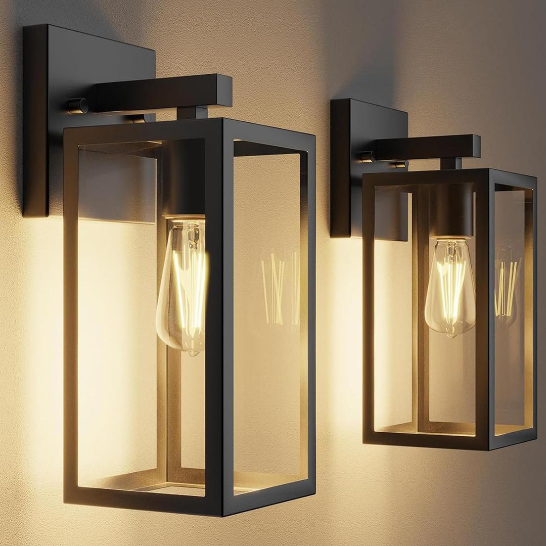 Kalium Porch Lights Outdoor Wall Light Fixture 2pcs, Matte Black, Wall Sconce 12.4 in, Toughened Frame, Clear Glass Shade, Waterproof Lanterns, for Patio, Exterior, Front, Door, Entryway