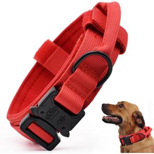 Tactical Dog Collar, Adjustable Military Training Nylon Dog Collar with Control Handle and Heavy Quick-Release Metal Buckle for Small Medium Large Dogs, Red L (Large :Width 1.5",Neck 17-20.5")
