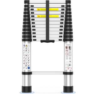 Telescoping Ladder,12.5 FT Extension Ladder, Heavy Duty 330lbs Max Capacity, Multi-Purpose Collapsible Ladder for RV or Outdoor Work Black