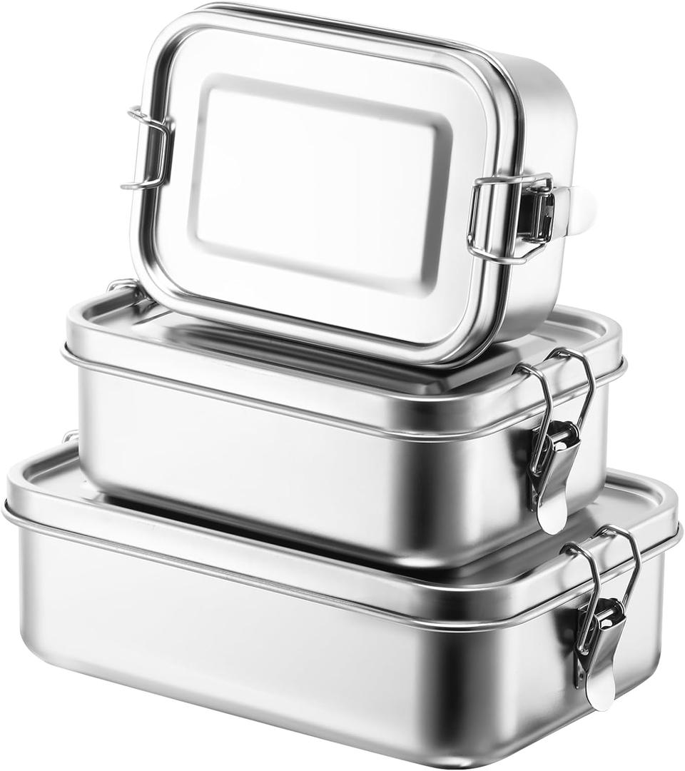 Umigy 3 Pcs Stainless Steel Food Containers 550/850/1000ml Metal Bento Lunch Box Stainless Steel Food Storage Containers, Lockable Clips to Leak Proof, Reusable Dishwasher Snack Boxes for Work