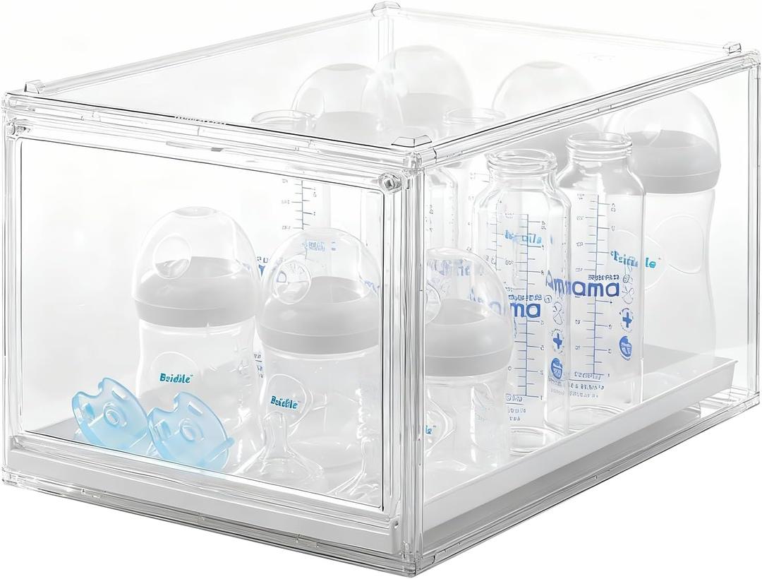 Baby Bottle Organizer, Clear Stackable Acrylic Storage for Countertop Cabinet, Baby Bottle Station Organizer with drawer for Pacifiers, Pump Parts