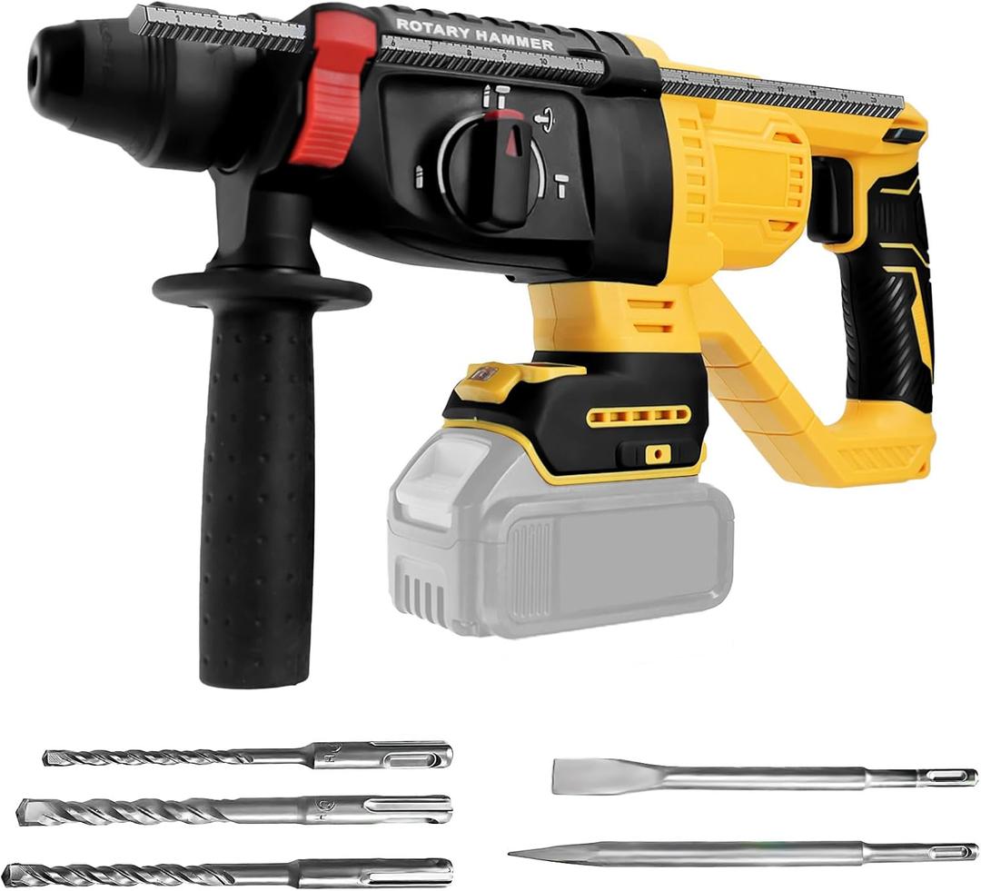 Cordless Rotary Hammer Drill for Dewalt 20V Battery, Brushless SDS-Plus 3 Joules Hammer Drill with 4 Modes, 360Auxiliary Handle and 5 Drill Bits for Concrete/Masonry(Tool Only)