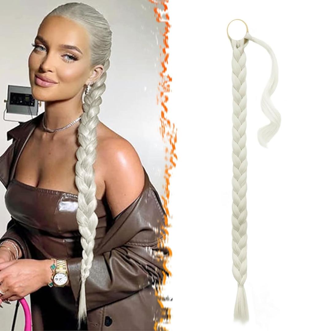 BARSDAR 26 Inch Long Braided Ponytail Extension with Hair Tie - Straight Sleek Wrap Around Blonde Braid Ponytail Hair Extensions - Synthetic Pony Tails Hairpieces for Women - Ivory Blonde