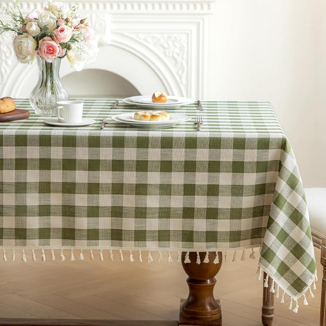 Checkered Tablecloth Rectangle Cotton Linen Gingham Table Cloth with Tassel Washable Wrinkle Free Heavy Duty Buffalo Plaid Table Cover for Dining/Party/Picnic (Green, 55" x 55" (Square))