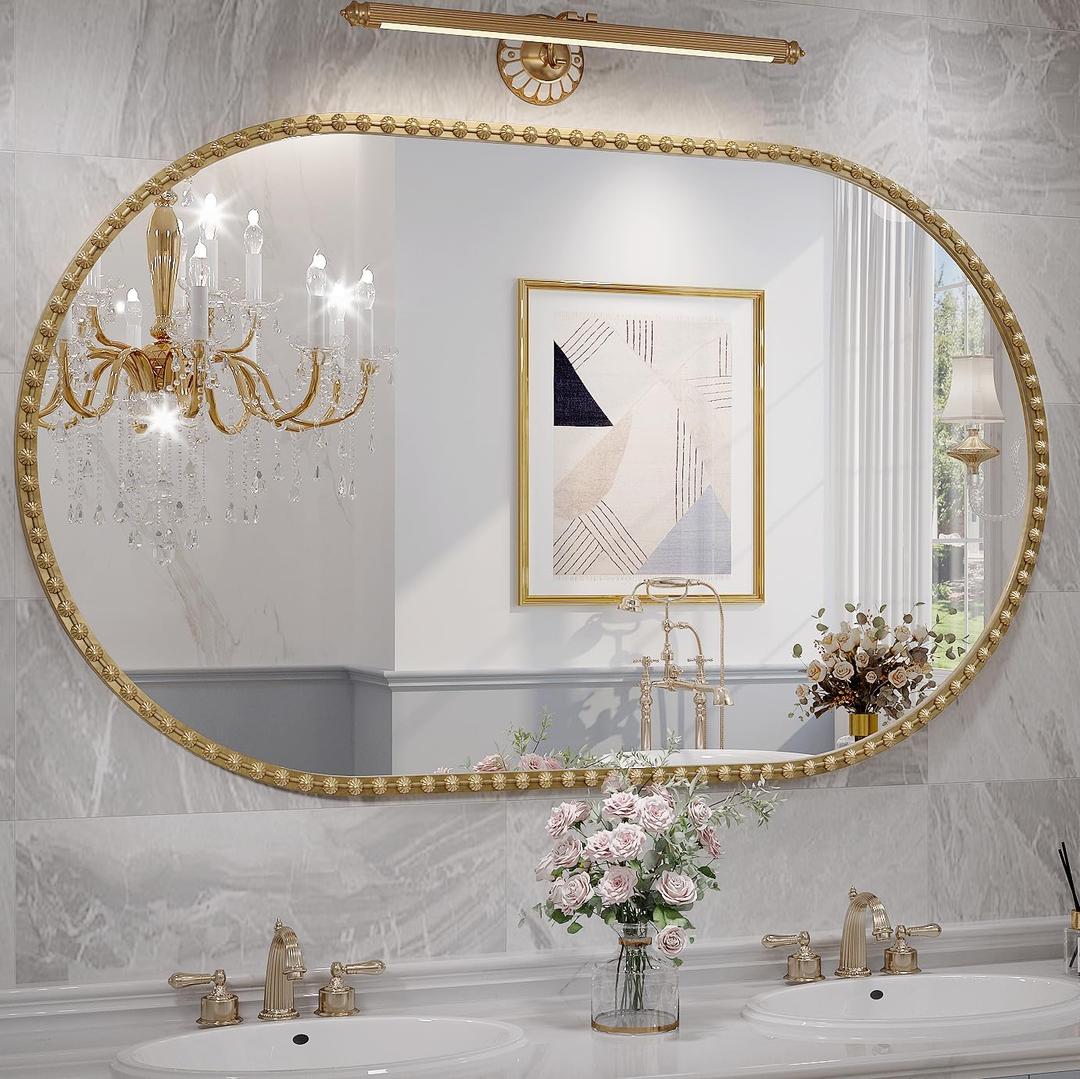 Gold Oval Mirror for Wall, 48x30 Inch Large Oval Bathroom Mirror, Antigue Gold Vanity Mirrors, Metal Floral Frame Mirror for Bedroom Living Room, Hangs Horizontally or Vertically