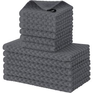 Fintale 100% Cotton Kitchen Towels and Dishcloths Set, 12 x 12 & 15 x 25 Inches, Set of 8 Bulk Super Soft and Absorbent Terry Cloth Dish Towels, Quick Drying Hand Towels with Hanging Loop, Dark Grey
