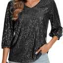 LADI TREND Women's Sparkle Sequin Party Top Glitter V-Neck Tee Concert Blouse Casual 3/4 Sleeve Shirt, Black Silver, Size L