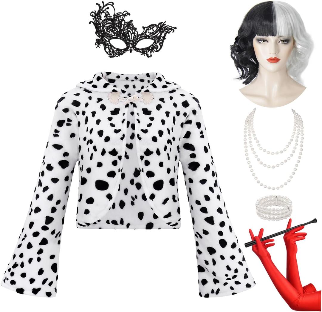 8pcs Adult Cruella Deville Costume Women for Halloween Costume Cosplay Dalmatian Shawl with Accessorie Black White Wig
