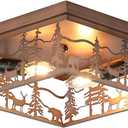 11" Rustic Farmhouse Flush Mount Ceiling Light, 2-Light Metal Fixture with Deer & Bear Design, Square Vintage Industrial Metal Cage Light Perfect for Kitchen, Foyer, Bedroom (Bronze)
