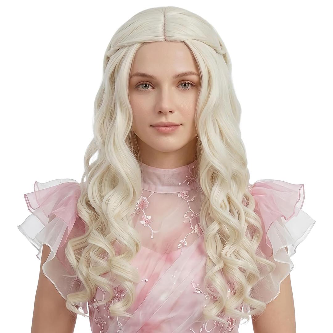 Miss U Hair Long Platinum Blonde Curly Wig with Braid Costume Wig for Halloween Cosplay