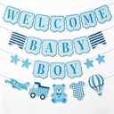 Baby Boy Baby Shower Banner, 4 PCS Pre-strung Blue Gingham Welcome Baby and Body Cloth Banner for Baby Boy Shower Party Decoration (welcome baby boy)