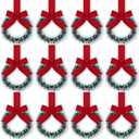 12 Pcs Christmas Kitchen Cabinet Wreaths with Ribbon 3.94 Inch Mini Christmas Wreath Small Kitchen Xmas Decor for Window Door(Red,Snowy Style)