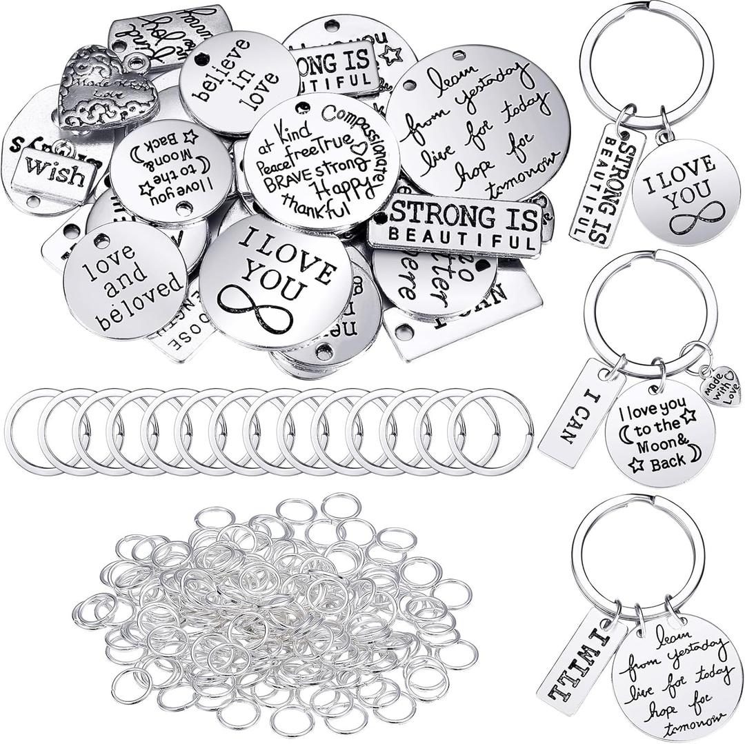 259 Pcs Inspirational Motivational DIY Charms Keychains Pendant Bulk for Crafting Jewelry Findings Making Inspiration Word with Open Jump Rings Key Ring for Various DIY Necklace Bracelet Accessory
