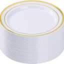 BESTVIP 50PCS Gold Plastic Plates, 10.25 Inch Disposable Dinner Plate Party with Gold Rim, Heavy Duty Disposable Plastic Plates for Christmas, Thanksgiving, Party, Wedding and Birthday