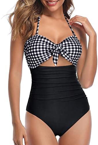 Tempt Me Women Sexy Cutout One Piece Swimsuits Tummy Control High Waisted Halter Front Tie Knot Bathing Suit L