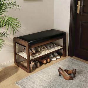 Shoe Rack Bench 2 Tier 27.6'' Bamboo Entryway Bench with Cushion and Hidden Storage Hold up to 300 lb Shoe Organizer for Hallway, Closet, Front Door Entrance, Foyer , Living Room, Bedroom (Black)