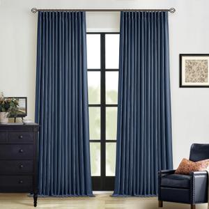 Indigo Navy Pleated Linen Blackout Curtains 90 Inches Long for Bedroom Living Room Pinch Pleat Black Out Thermal Insulated Ring Hooks Back Tab Room Darkening Drapes Dark Blue Curtains with Liner (40"W x 90"L (Pack of 2))