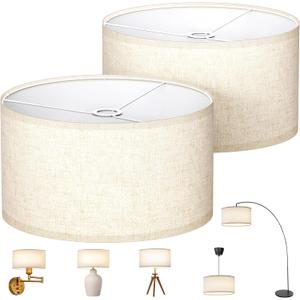 Large Drum Lamp Shades Set of 2, 16" Top×16" Bottom×9" High, Beige Decorative Lamp Shades for Floor Lamps, Table Lamps, Natural Linen Replacement Lampshades, Easy Assembly Required