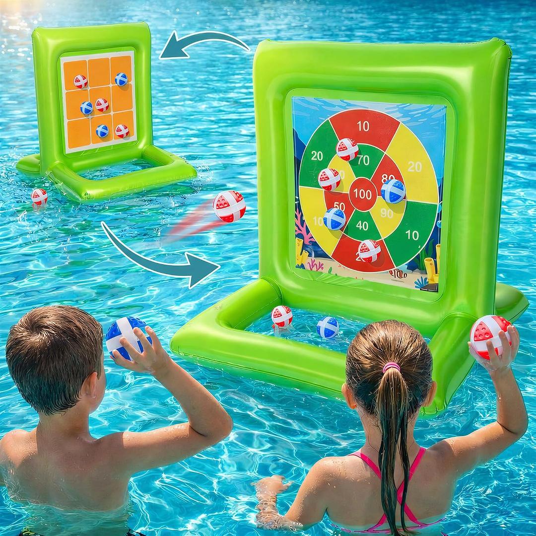 Pool Toys for Kids & Adults, 2-in-1 Dart Board and Tic Tac Toe Pool Game with 24 Sticky Balls, Family Summer Water Games for Backyard, Pool Party and Swimming Pool, Green