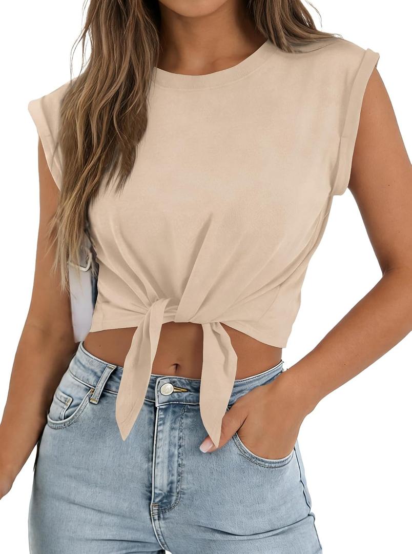 SOFIA'S CHOICE Women Summer Tie Front Crop Tops Crewneck Cap Sleeve Ruched T-Shirt Tops Apricot X-Large