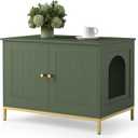 Homhedy Cat Litter Box Enclosure, Cat Washroom Furniture with Metal Frame, Pet House, Fit Most of Litter Box, Modern Style, Green and Gold