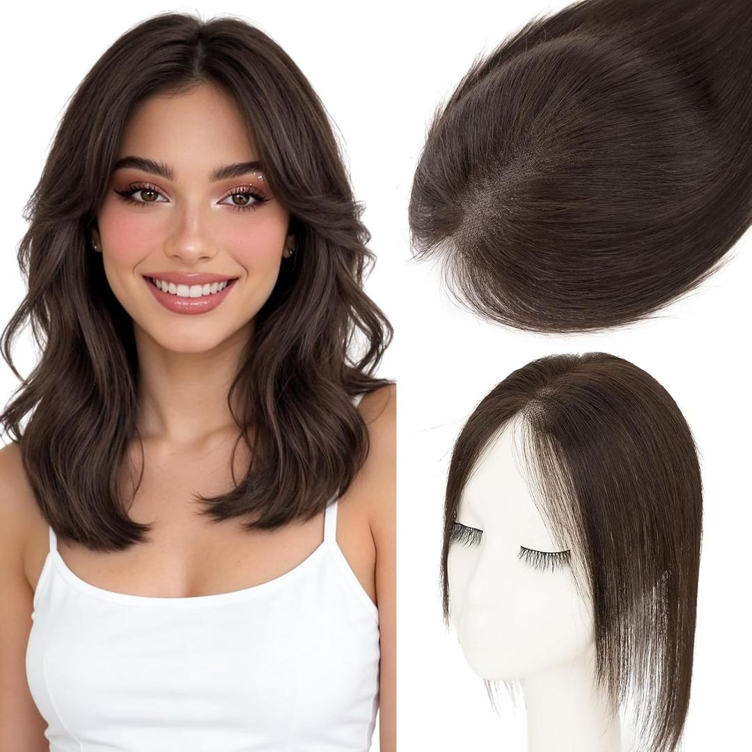 Hairro Human Hair Toppers For Women Wispy Thin Short Wiglet Hairpieces Natural No Bang Middle Part Side Bangs Hair Clip 12 Inches 19g #02 Dark Brown