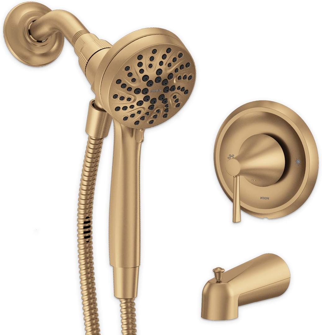 Moen Ronan Bronzed Gold Single-Handle Modern Tub and Shower Faucet with Handheld Rain Shower Spray Head, Shower Handle, Tub Spout, and Valve, 82021BZG