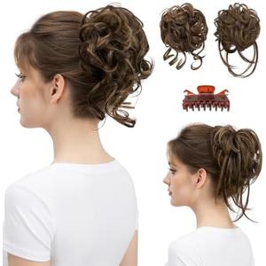 SARLA 2PCS Brown Messy Bun Hair Pieces for Women Detachable Claw Clip Wavy Curly Synthetic Hairpieces for Updos with Tendrils Fake Scrunchies Ponytail Extension Coffee Brown