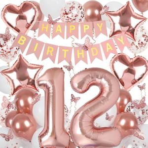 Rose Gold 12th Birthday Decorations for Girl, 12 Year Old Sign with Happy Birthday Banner, 40In Number 12 Foil Birthday Balloons, Butterfly Decorations, Heart and Star Balloons