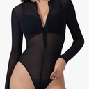 Kepblom Women's Sheer Mesh Bodysuit Sexy Zip Front Long Sleeve See Through Leotard XL