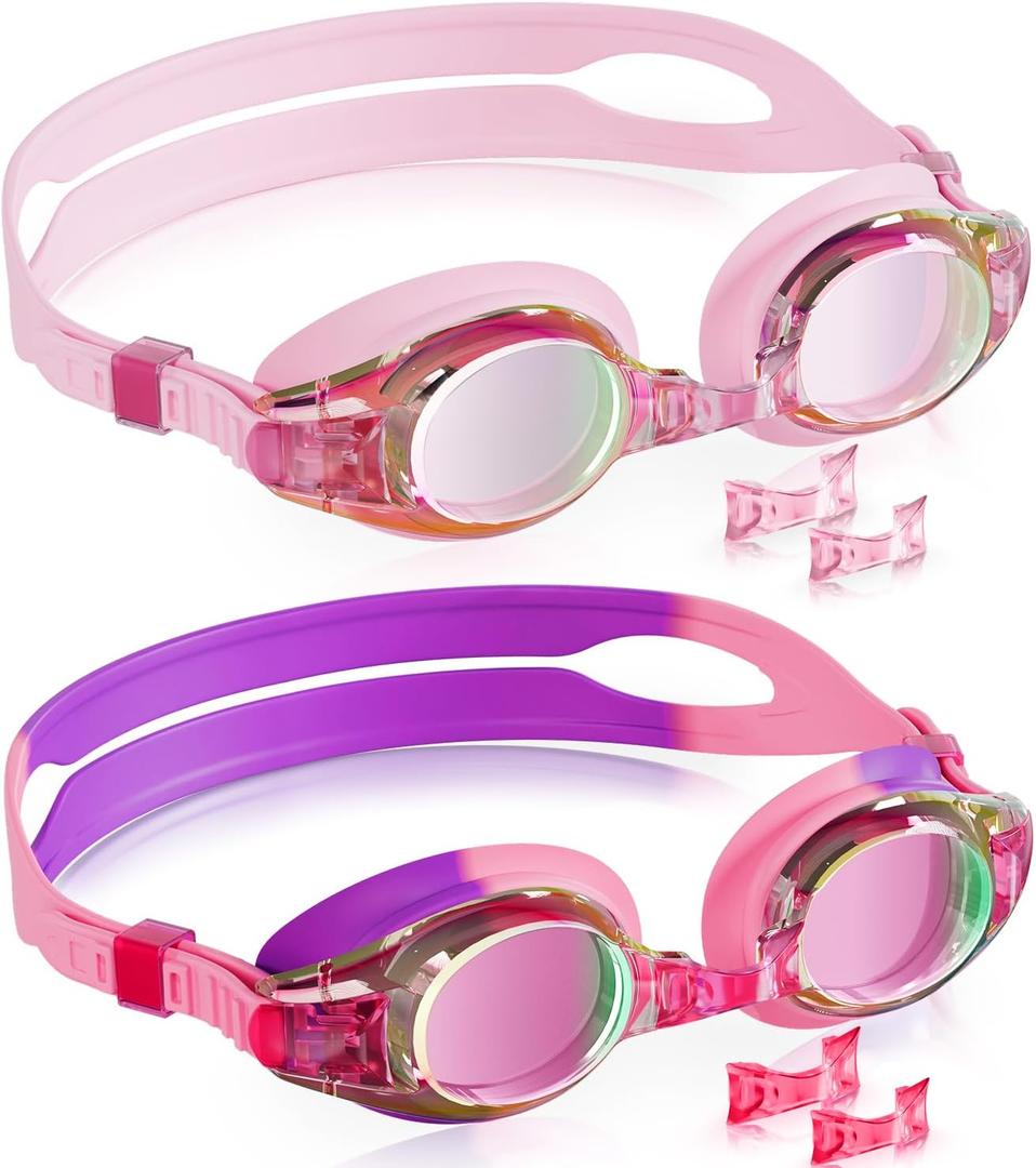 Aegend 2 Pack Kids Goggles, Swimming Goggles for Kids Age 4-16 Boys and Girls Youth, Anti-Fog Waterproof Anti-UV Pool Goggles (A - Bright Lavenderish & a - Crisp Pink)