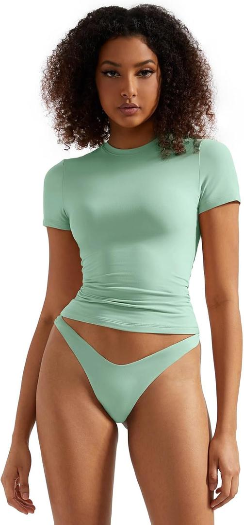 SUUKSESS Women Double Lined Fitted Basic Tee Crew Neck Short Sleeve Y2K Crop Top (Small, Aqua)