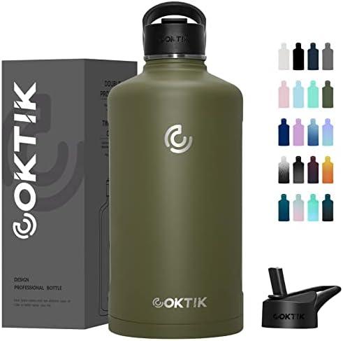 COKTIK 128 oz/One Gallon Water Bottle Insulated, Double Walled Vacumm Metal Stainless Steel Sports Water Bottle with Reusable 2 Lids for Sports, Gym, Fitness or Office(Army Green)