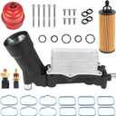 Upgrade Full Aluminum Engine Oil Cooler Filter Housing with Sensors and Gaskets Compatible with 2011-2016 Chrysler 200 300 Dodge Charger Challenger Journey Wrangler Ram ProMaster 3.2L 3.6L (Aluminum Red Cap)
