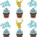 24 PCS Blue Glitter Oh Deer It's A Boy Cupcake Toppers for Gender Reveal Party/Buck or Doe Sign Baby Shower Party Decor/Baby Birthday Party Decorations/Boy Birthday Party Supplies