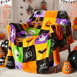 ROMROL Halloween Fleece Throw Blanket, Bat, Ghost Fall Plaid Blanket, Soft Fuzzy Plush for Couch Sofa or Bed, Luxury Flannel Lap Blanket, for Kids, Adults, Wife, Self (50" x 60")
