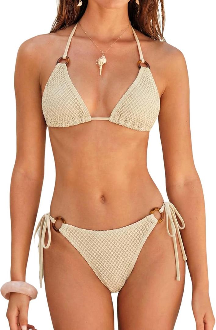 ZAFUL Triangle Bikini Sets for Women Sexy Tie Side Halter String O Ring Textured Two Piece Swimwear Bathing Suit (Medium, 2-beige)