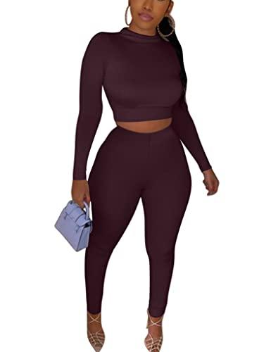 Kaximil Women's Workout Tracksuit 2 Piece Outfits Long Sleeve Crop Top High Waist Legging Pants Set, Large, Dark Chocolate