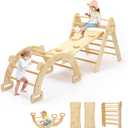 CoziBB Pikler Triangle Set, 5 in 1 Wooden Montessori Climbing Toys Baby Indoor Playground Gym, Foldable Indoor Climbing Toys with Ramp, Arch Climber, Baby Climbing Toys for Toddlers 1-3 Inside