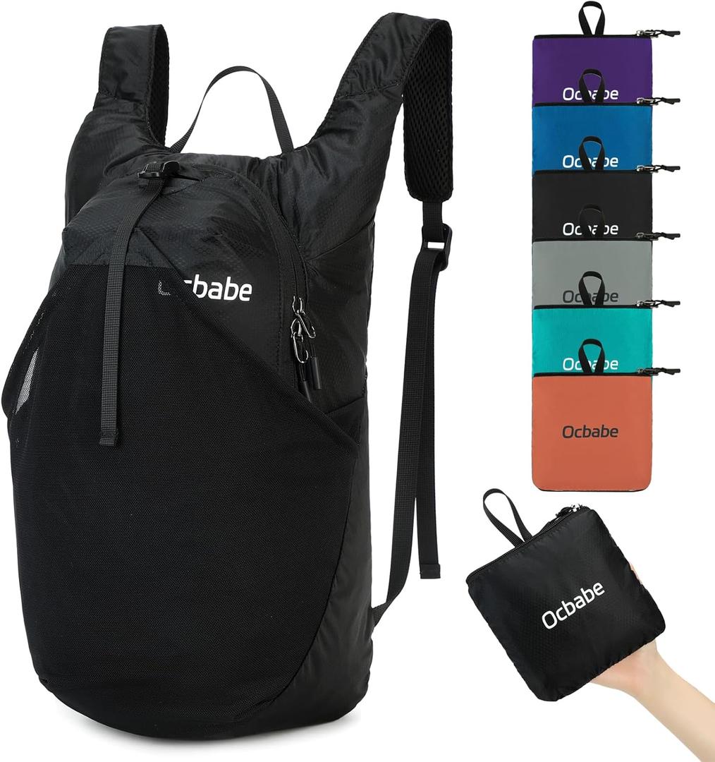 15L/25L Small Packable Lightweight Backpack Hiking Daypack Water Resistant Foldable Outdoor Camping Travel Bag for Women Men (Black)