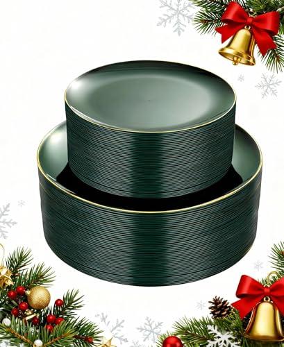 PULOTE 100PCS Green Plastic Plates - Green Disposable Plates With Gold Rim - Include 50 Pieces Dinner 10.25inch,50 Pieces Dessert 7.5inch for Party&Christmas