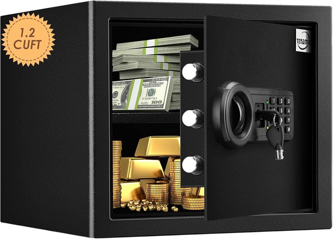 Safe Box 1.2 Cuft Fireproof Waterproof Home Safe, Keypad Medium Lock Box Cabinet Safes, Solid Alloy Steel Office Hotel Home Safe, Black