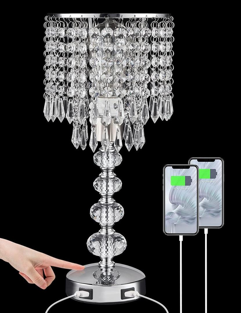 Crystal Table Lamps for Bedroom Nightstand - Touch Bedside Lamps with Two USB Charging Ports Silver, 3 Way Dimmable Small Glam Lamp for Girls, Night Stand Lamp for Living Room