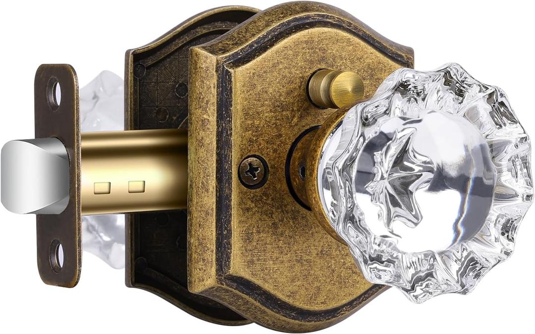 Glass Door Knobs Interior with Lock, Vintage Crystal Privacy Antique Brass Door Knobs for Bedroom Bathroom, 1 Pack