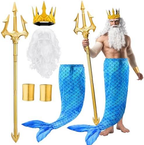 Tellingyou 6 Pcs Halloween Poseidon Costume Set Merman Sea Costume Neptune God of the Sea Cosplay for Men Adults Size Medium